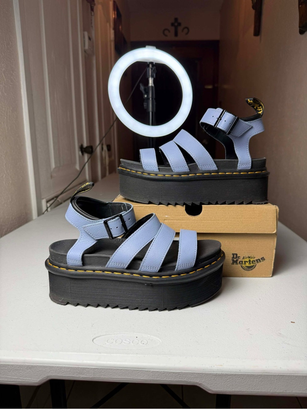 Used Dr Martens Blaire Quad Blue Leather Strap Platform Sandals Womens Sz 8